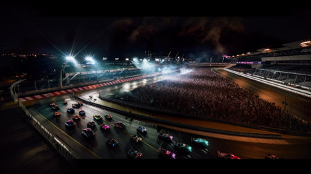 Racing track with cars at night after rain wirh reflections, crowd of people on grandstands. AI generative digital illustration.の素材