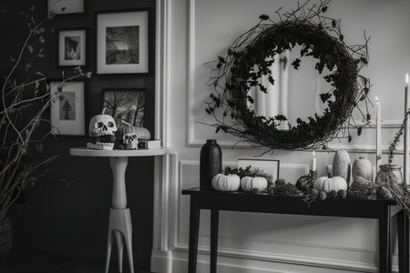 A black and white photo of a table with candles and a wreath. AI generative.の素材