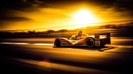 Sports cars driving at fast speed on race track with motion blur effect. Sublime Generative AI imageの素材