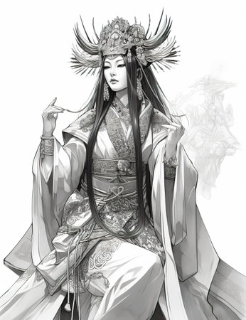 Fantasy character with Asian influences, female princess spirit, black white illustration, outline for coloring book page, AI generative coloring cardの素材