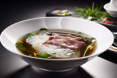Pho, a savory broth-based soup made with rice noodles, herbs, and thinly sliced beef or chicken, AI generative Vietnamese dishの素材
