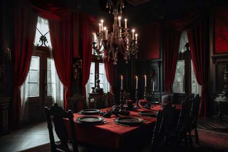A dining room with red curtains and a chandelier. AI generative. Elegant dining room in Gothic or vampire mansion.の素材