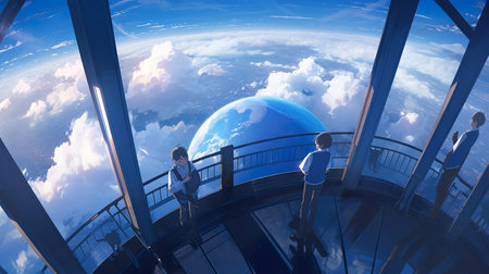 A group of people standing on top of a building. AI generative.