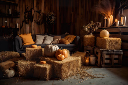 A living room filled with lots of hay and pumpkins. AI generative.の素材