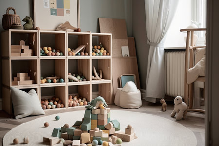 Unisex child nursery room with wooden toys in neutral warm pastel colors, AI generative low impact living interiorの素材