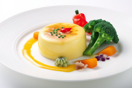 Gyeranjjim, steamed egg custard with vegetables in white plate, AI generativeの素材