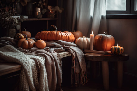A table topped with lots of pumpkins next to a window. AI generative.の素材