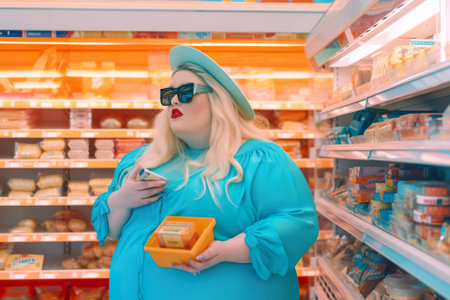 Chubby plus size overweight woman shopping for food in supermarket. AI generative concept illustration of body positivity.の素材