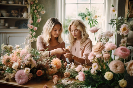 Two women are working on a flower arrangement. AI generative.の素材