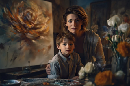 A woman and a young boy sitting in front of a painting. AI generative.の素材
