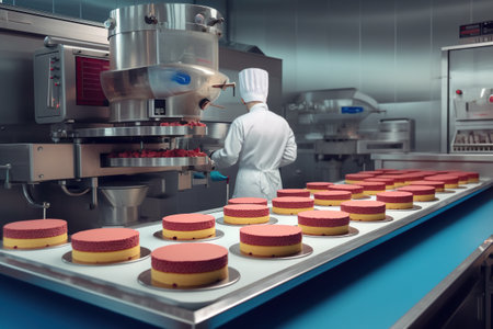 Sweets factory, cakes, macarons on a conveyor belt. AI generative industrial cake line.の素材