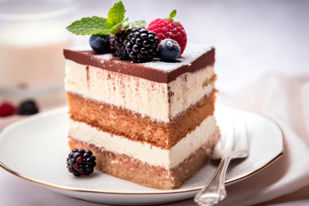 A piece of cake on a plate with berries on top. AI generative.の素材