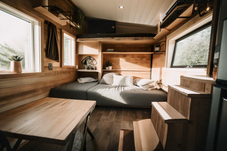 A bedroom with a bed and a desk in it. AI generative. Tiny house interior concept image.の素材