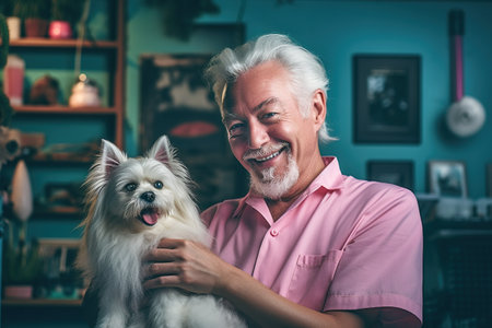 A man in a pink shirt holding a white dog. AI generative.の素材
