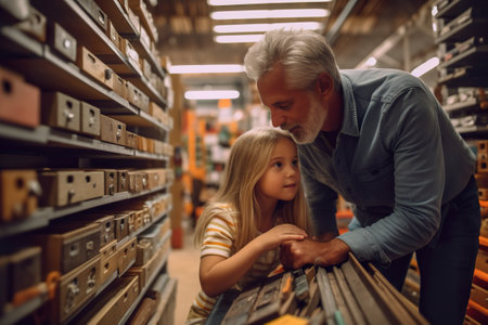 A man and a little girl looking at a shelf. AI generative.の素材