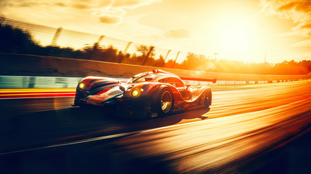 Sports cars driving at fast speed on race track with motion blur effect. Sublime Generative AI imageの素材