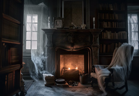 A living room with a fire place and a chair. AI generative.の素材
