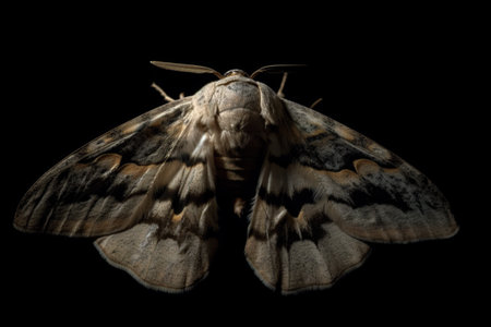 A close up of a moth on a black background. AI generative.の素材