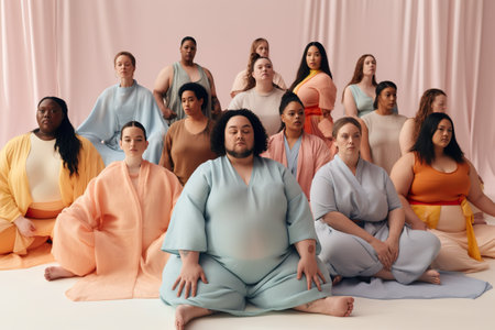 A large group of people posing for a picture. AI generative yoga or meditation practice, group photo on pink background.の素材