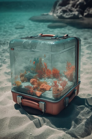 A piece of luggage sitting on top of a sandy beach. AI generative.の素材