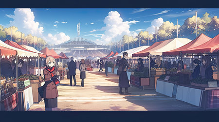 A group of people walking down a street next to tents. Generative AI.