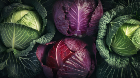 Red and green cabbage, flat lay, top view, Generative AIの素材