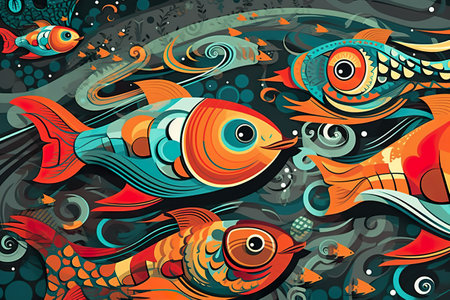A group of colorful fish swimming in a body of water. Generative AI.の素材