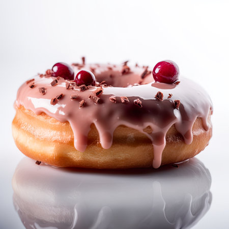 A chocolate covered donut sitting on top of a table. Generative AI.の素材