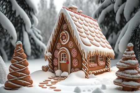 A christmas scene with a gingerbread house in fairy tale dark winter forest. Generative AI.の素材