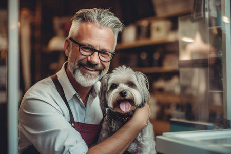A man holding a small dog in his arms. Generative AI.の素材