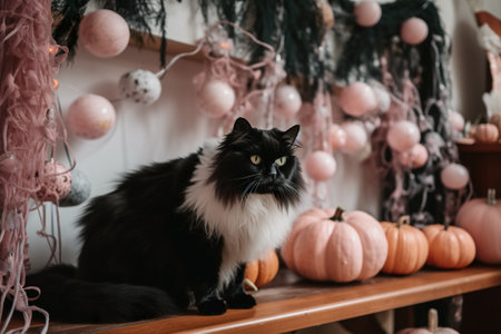 A black and white cat sitting on top of a wooden shelf. Generative AI pastel pink, orange and black halloween display.の素材