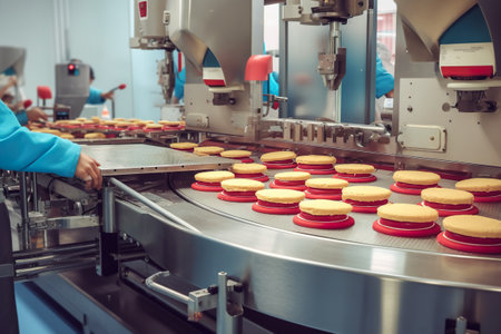 Sweets factory, cakes, macarons on a conveyor belt. Generative AI industrial cake line.の素材