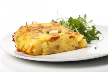 Tortilla de Papas - slice of potato omelette, Generative AI traditional dish on white plateの素材