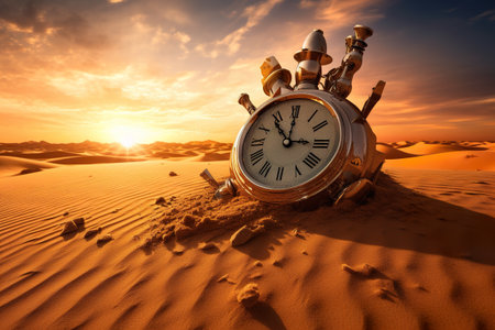 A clock sitting in the middle of a desert. Generative AI.の素材