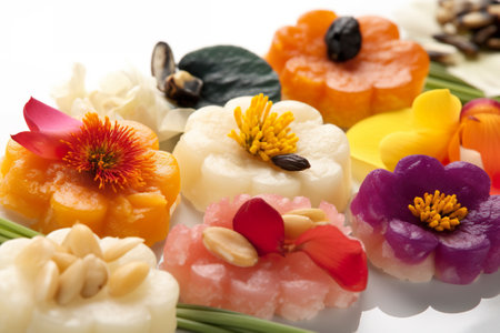 Hwajeon: Flower-shaped rice cakes with sweet toppings, honey, nuts with flowers. Generative AI.の素材