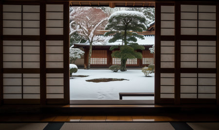A view of a snow covered garden through a window. AI generative engawa house, Japanese style.の素材