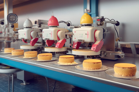 Sweets factory, cakes, macarons on a conveyor belt. AI generative industrial cake line.の素材