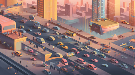 A city filled with lots of traffic next to tall buildings. Generative AI.の素材