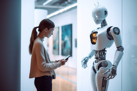 A woman looking at a cell phone next to a robot. Generative AI.の素材