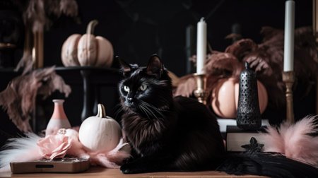 A black cat sitting in the middle of Halloween display, AI generative. Funny accidental Halloween installation.の素材