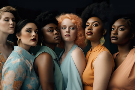 Diverse group of curvy, plus size, active, big, chubby woman standing next to each other. Generative AI illustration, plus size beauty campaign in pastel colorsの素材
