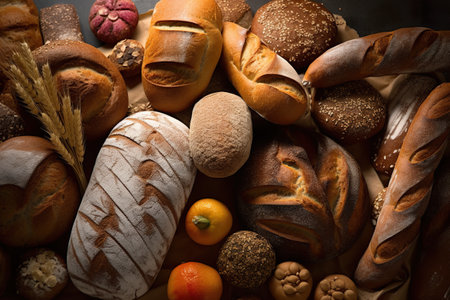 A bunch of breads and bread rolls on a table. AI generative.の素材