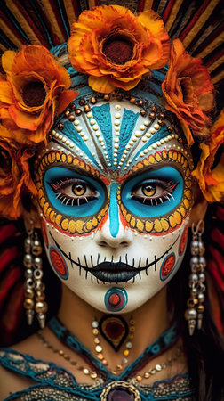 A close up of a person with a face paint. AI generative. Day of the Dead traditional costumes and makeupの素材
