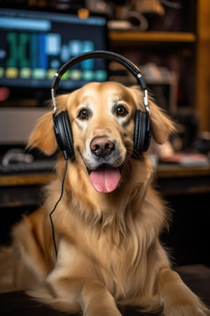 A dog wearing headphones sitting on a desk. Generative AI.の素材