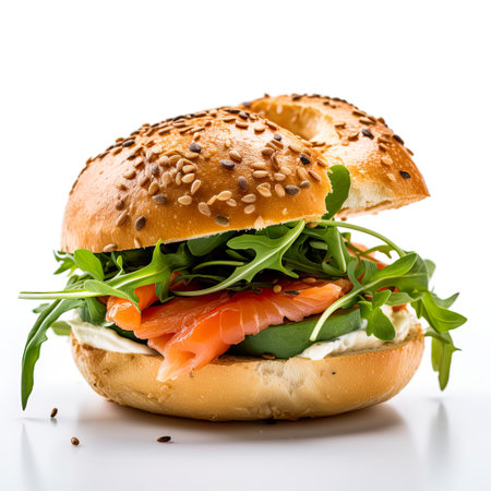 A bagel with salmon and ruccola salad greens on it. Generative AI.の素材
