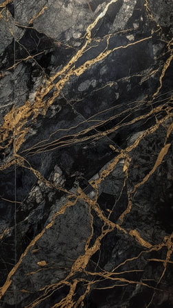 Polished dark grey granit or marble surface. Generative AI stone texture background with golden inclusionsの素材