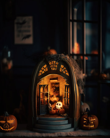 A fake halloween scene with a cat in a house. AI generative.の素材