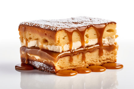 Pionono - Sponge cake filled with dulce de leche, close up of a piece of cake on a plate. AI generative.の素材