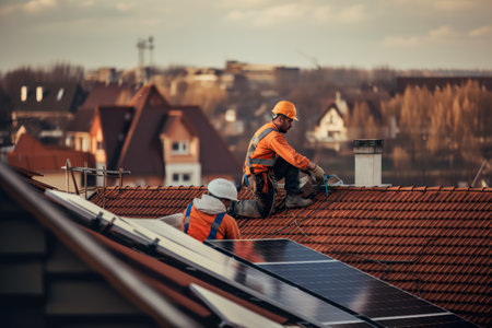Workers, caucasian men working on a roof to install solar panels, generative AI digital illustrationの素材