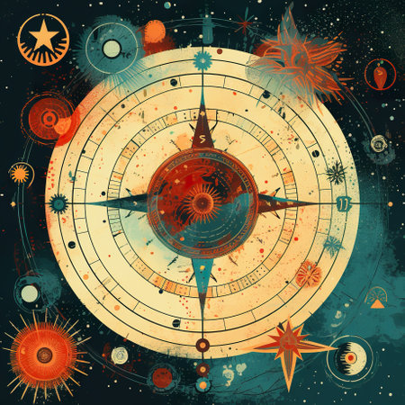 A painting of a clock surrounded by stars and planets. Generative AI.の素材